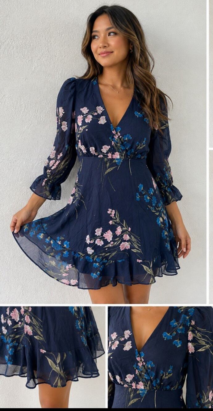 Boho Whimsical Romantic DKNY Women's Floral Mini Dress Size 0P Navy Blue Ruffle